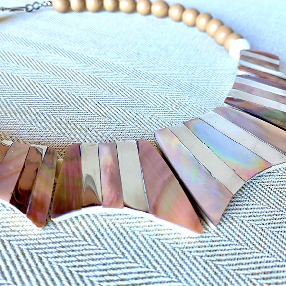 Vintage 1970’s/1980’s Abalone+Silver-tone Wood Beaded Statement Collar Necklace. - Picture 3 of 8